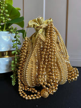 Gold Color Handmade Potli Bag | Gold Beaded | Party Clutch Sling | Wedding Purse in Gold | Bridal Bag, Handmade, Embellished Lotus Potli