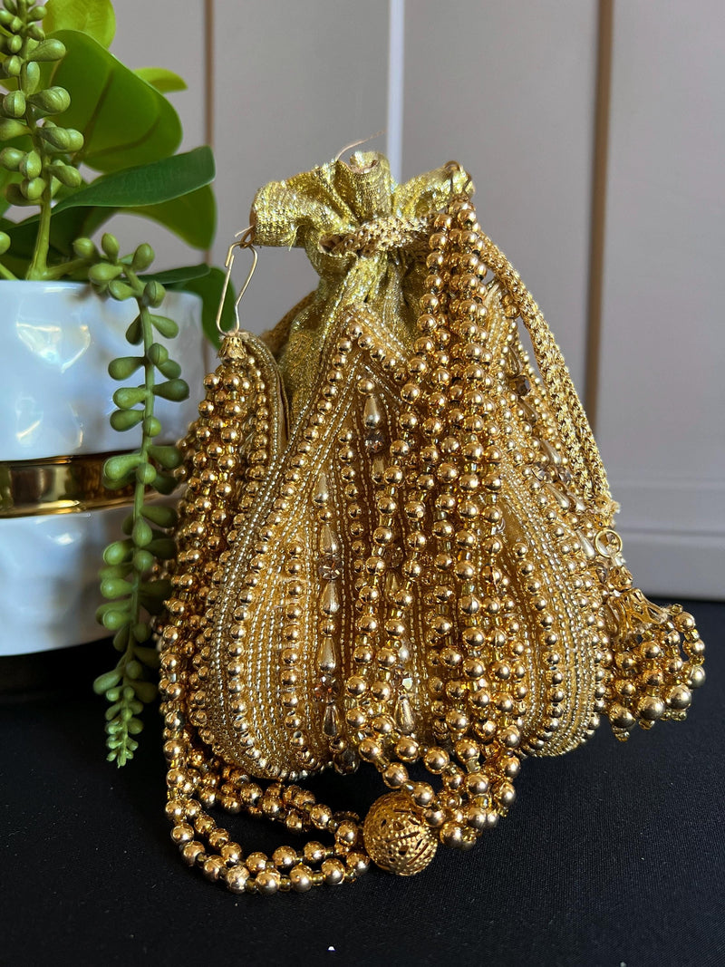 Gold Color Handmade Potli Bag | Gold Beaded | Party Clutch Sling | Wedding Purse in Gold | Bridal Bag, Handmade, Embellished Lotus Potli