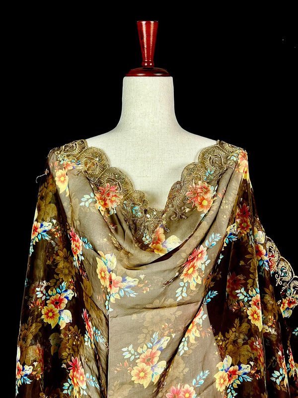 Olive Green Color Soft Organza Dupatta with Embroidery, Sequin and Zari with Floral Digital Prints