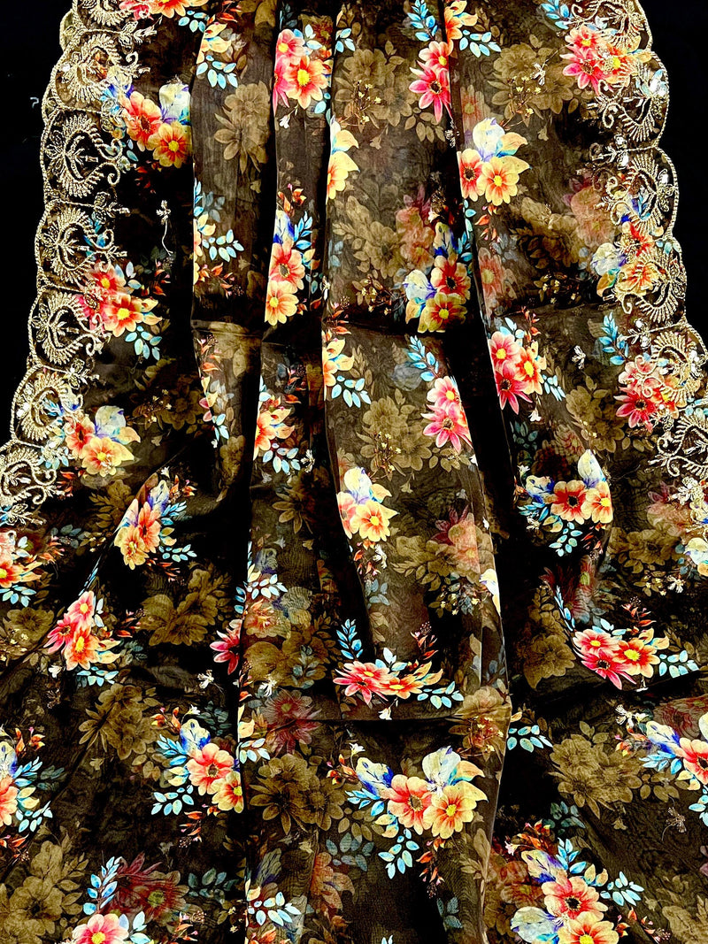 Olive Green Color Soft Organza Dupatta with Embroidery, Sequin and Zari with Floral Digital Prints