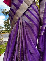 Pre Stitched Saree with Readymade Blouse | Statement Handmade Purple Color Striped Banarasi Satin Tissue Silk Saree