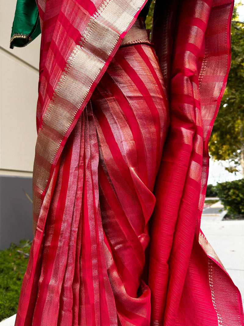 Pre Stitched Saree with Readymade Blouse | Statement Handmade Red Color Striped Banarasi Satin Tissue Silk Saree