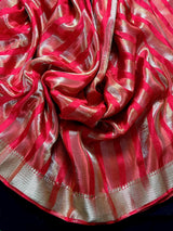 Statement Handmade Red Color Striped Banarasi Satin Tissue Silk Saree