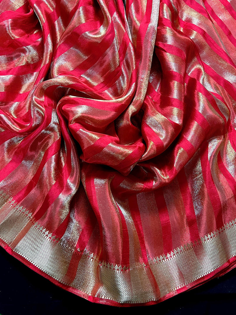 Statement Handmade Red Color Striped Banarasi Satin Tissue Silk Saree