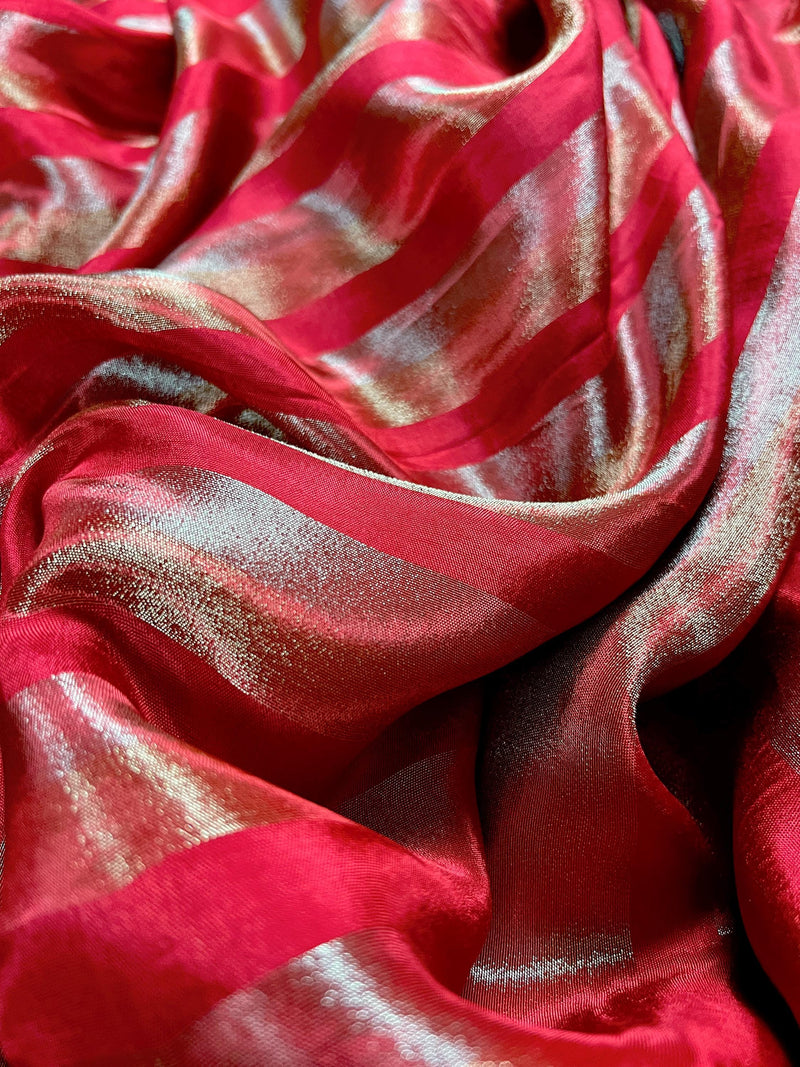 Statement Handmade Red Color Striped Banarasi Satin Tissue Silk Saree