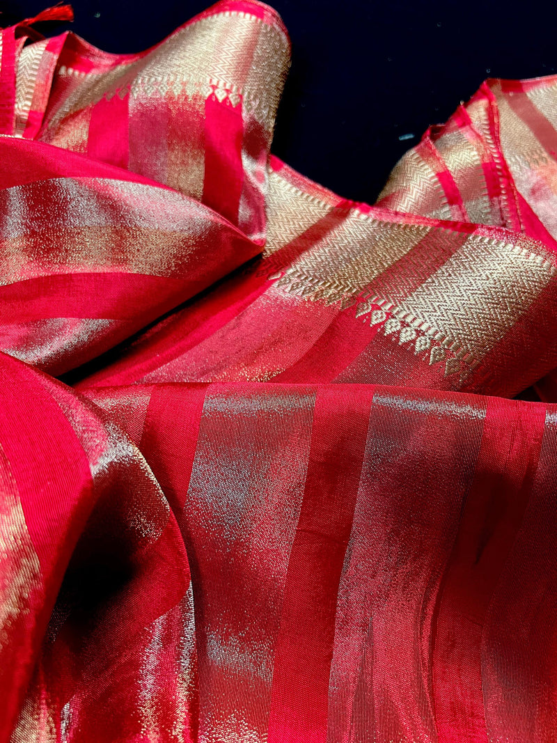 Statement Handmade Red Color Striped Banarasi Satin Tissue Silk Saree