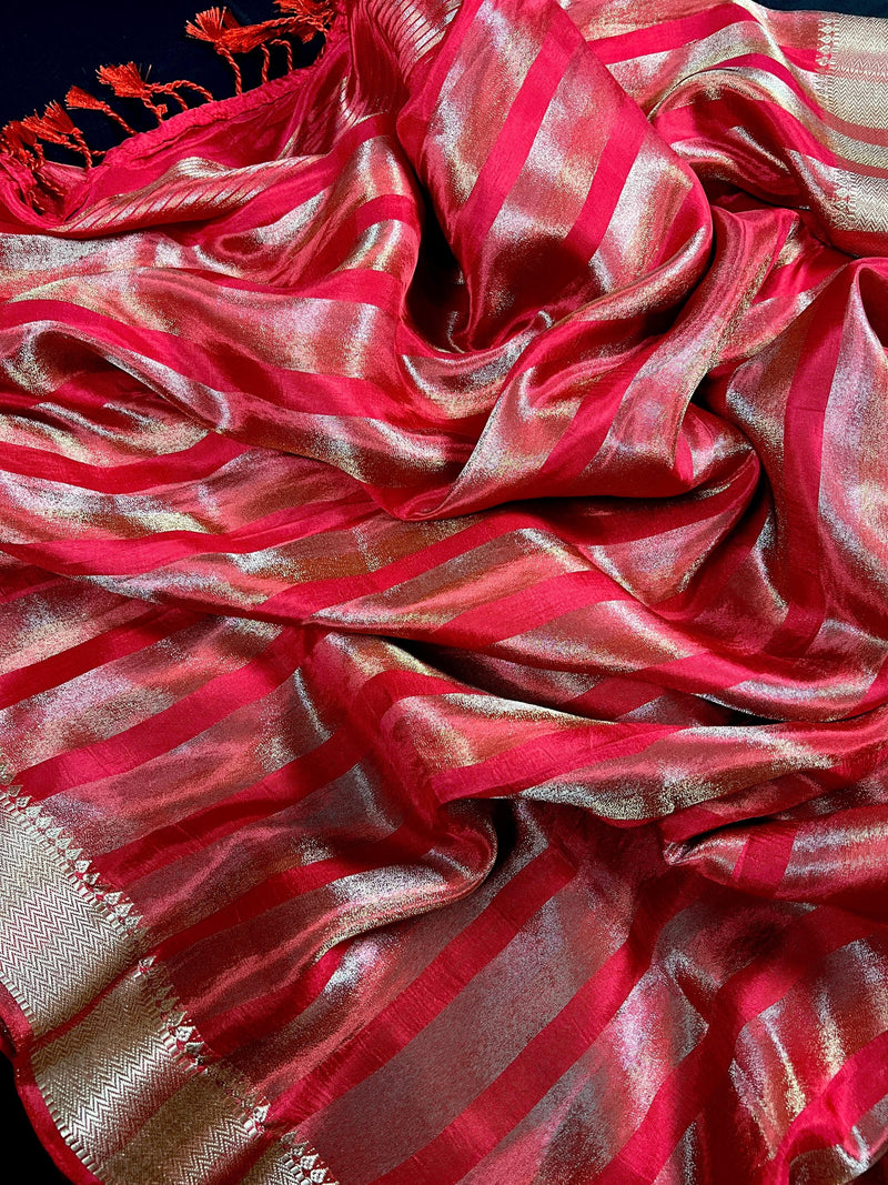 Statement Handmade Red Color Striped Banarasi Satin Tissue Silk Saree