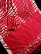 Statement Handmade Red Color Striped Banarasi Satin Tissue Silk Saree