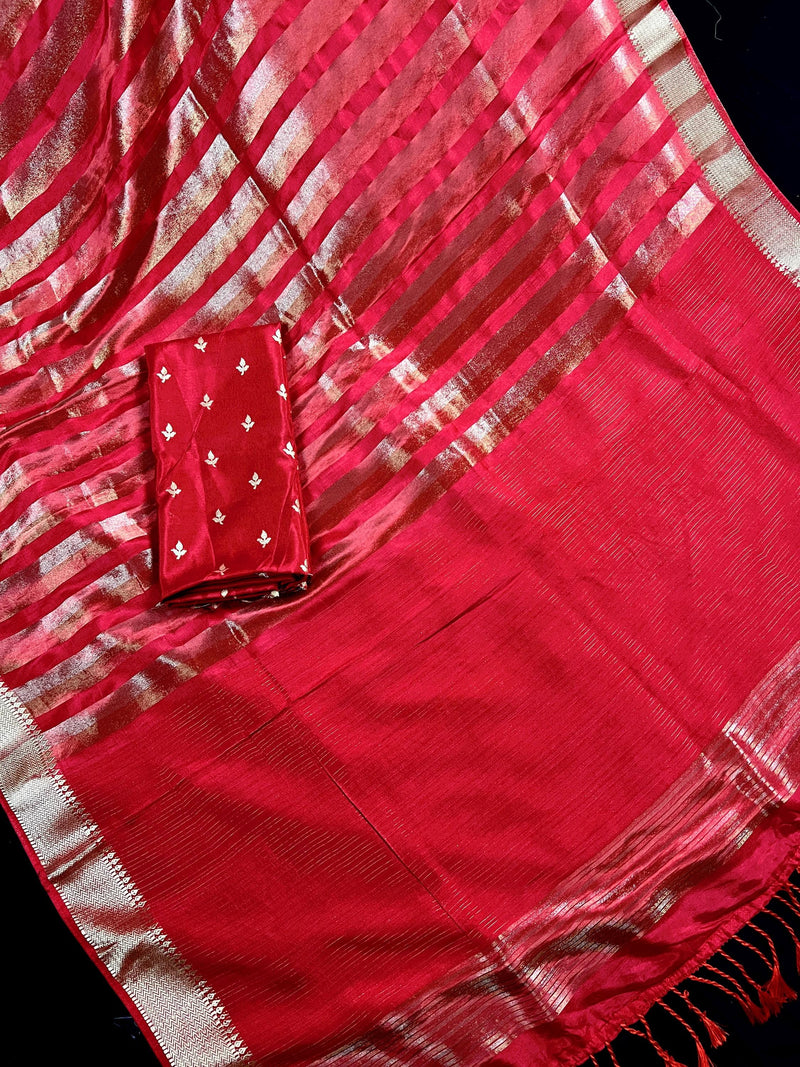 Statement Handmade Red Color Striped Banarasi Satin Tissue Silk Saree