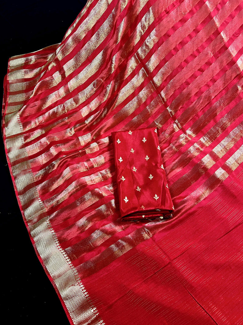 Statement Handmade Red Color Striped Banarasi Satin Tissue Silk Saree