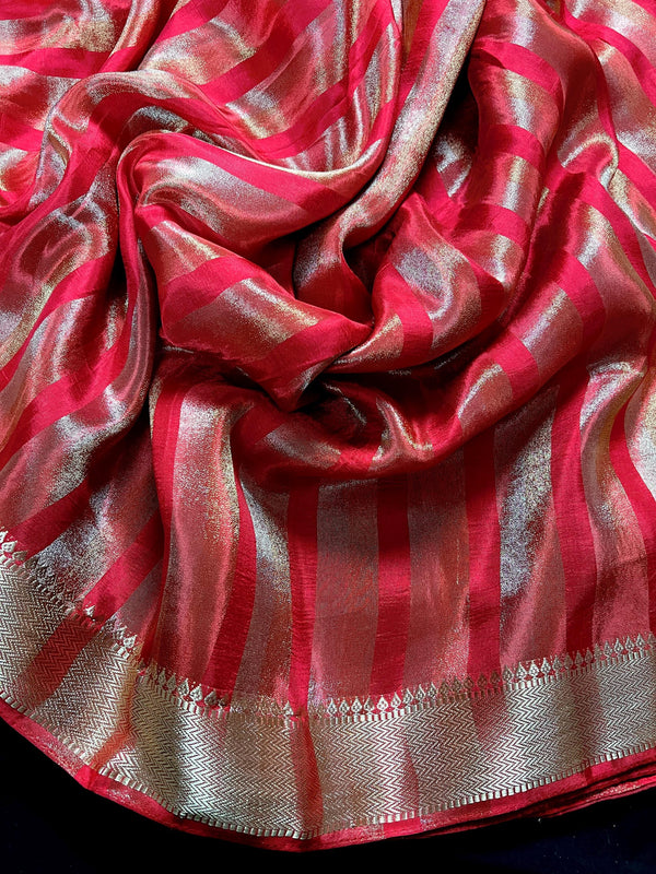 Statement Handmade Red Color Striped Banarasi Satin Tissue Silk Saree