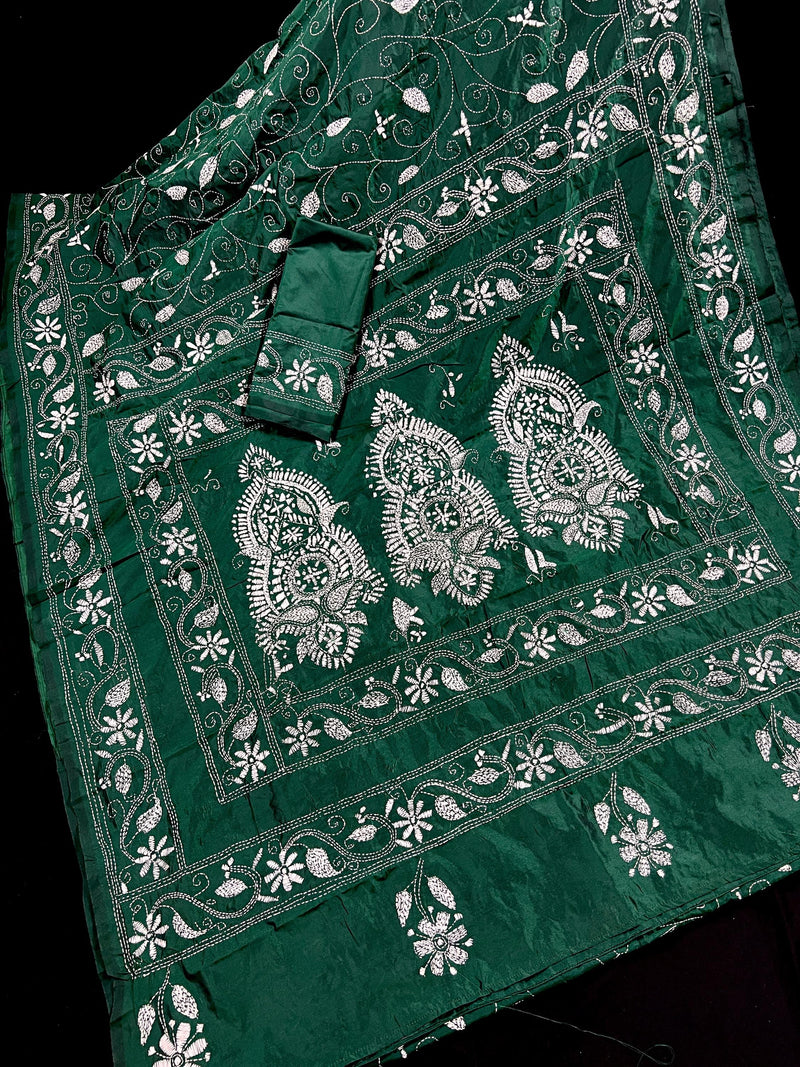 Bottle Green Color Bangalori Silk Saree with Hand Kantha Stitch - Handwoven Kantha Stitch Sarees - Kantha Saree