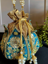 Teal Blue Color Wedding Potli Bag | Handmade Embellished Stone and Pearl |  Desi Indian Pakistani Wedding Purse | Evening Party Purse