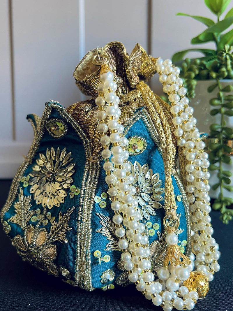 Teal Blue Color Wedding Potli Bag | Handmade Embellished Stone and Pearl |  Desi Indian Pakistani Wedding Purse | Evening Party Purse