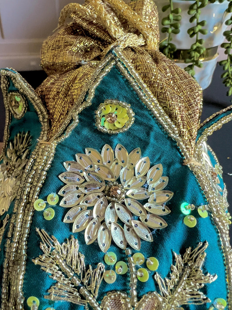 Teal Blue Color Wedding Potli Bag | Handmade Embellished Stone and Pearl |  Desi Indian Pakistani Wedding Purse | Evening Party Purse