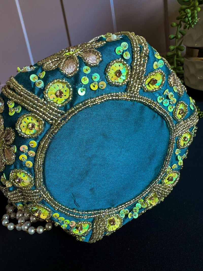 Teal Blue Color Wedding Potli Bag | Handmade Embellished Stone and Pearl |  Desi Indian Pakistani Wedding Purse | Evening Party Purse