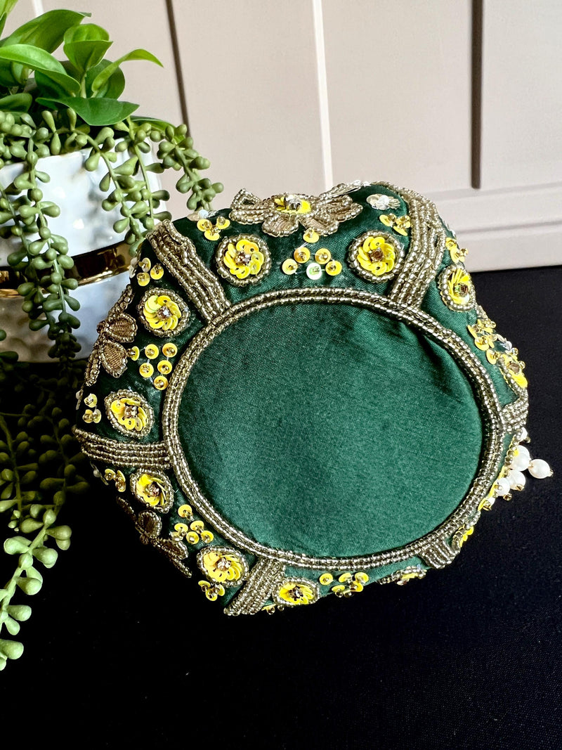 Bottle Green Color Wedding Potli Bag | Handmade Embellished Stone and Pearl | Desi Indian Pakistani Wedding Purse | Evening Party Purse