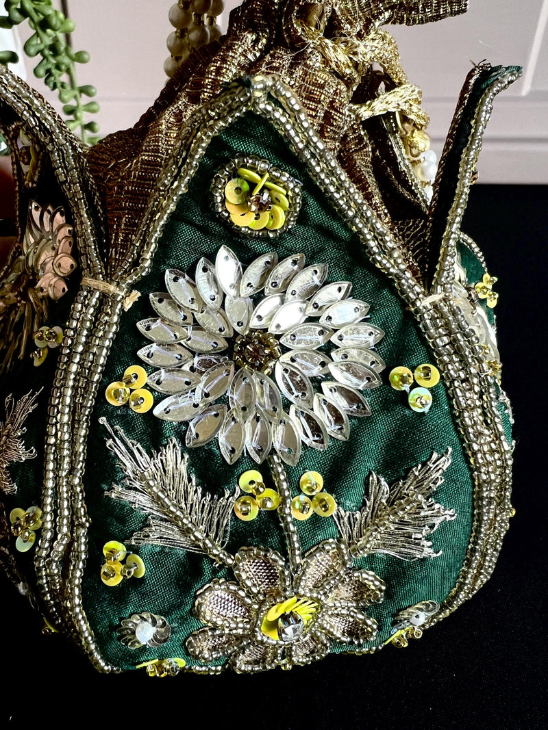 Bottle Green Color Wedding Potli Bag | Handmade Embellished Stone and Pearl | Desi Indian Pakistani Wedding Purse | Evening Party Purse