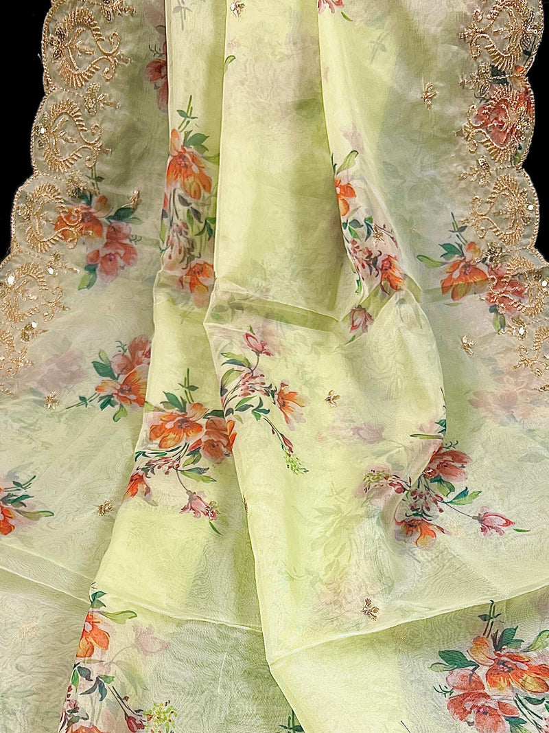 Pista Green Color Soft Organza Dupatta with Embroidery, Sequin and Zari with Floral Digital Prints