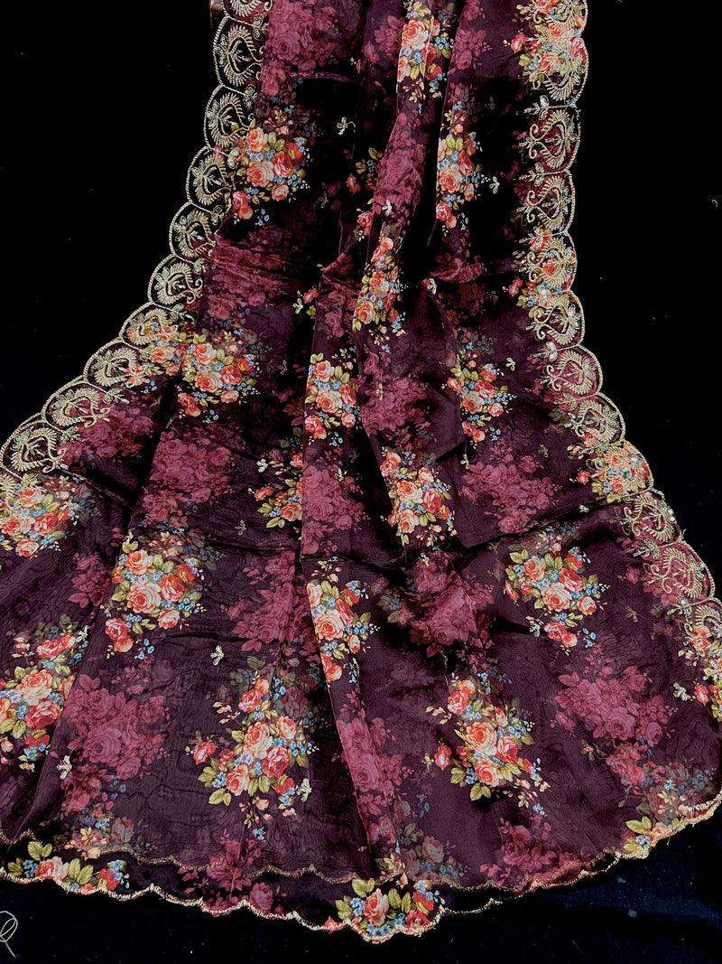 Wine Color Soft Organza Dupatta with Embroidery, Sequin and Zari with Floral Digital Prints