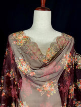 Wine Color Soft Organza Dupatta with Embroidery, Sequin and Zari with Floral Digital Prints