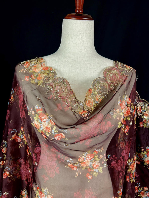 Wine Color Soft Organza Dupatta with Embroidery, Sequin and Zari with Floral Digital Prints