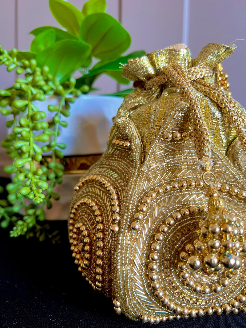 Handmade, Embellished Lotus Potli Bag | Gold Potli Bag | Gold Beaded Studded Sequin Clutch | Party Clutch Sling | Wedding Purse in Gold