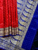 Red and Blue Banarasi Tanchoi Silk Saree with Ambi Buttis | Zari Weaving with Motifs | Banarasi Silk Sarees