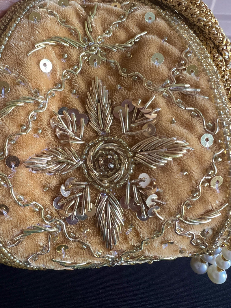 Beige Color Velvet Wedding Potli Bag | Handmade Embellished Stone and Pearl | Desi Indian Pakistani Wedding Purse | Evening Party Purse