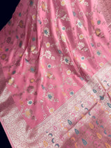 Statement Handmade Pastel Rose Pink Color Banarasi Semi Katan Silk Saree with Meenakari and Muted Gold Zari Weave