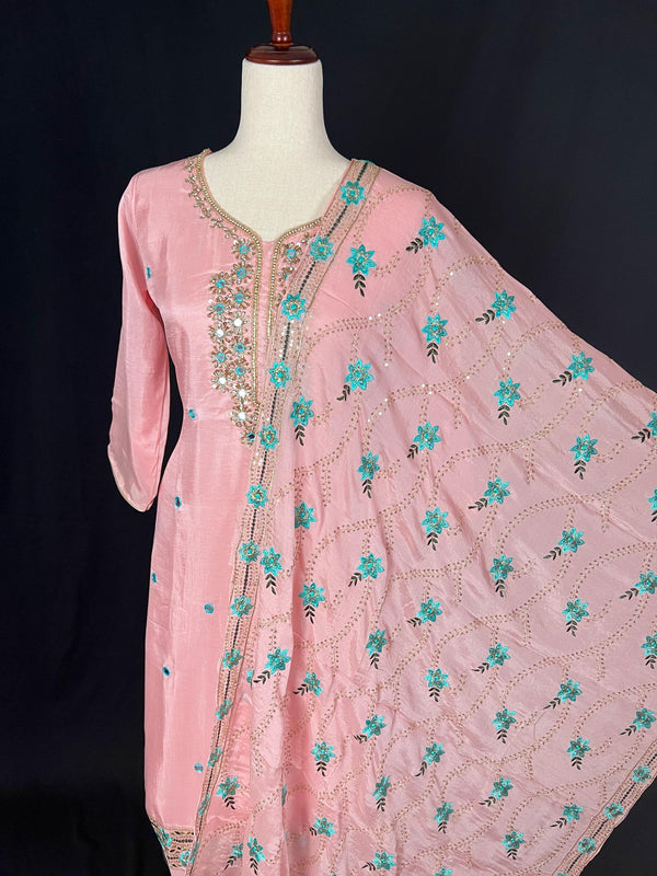 Rose Pink Color Salwar Kameez with Dupatta - Embroidery, Mirror and Stone Work - Handwork 3pcs Suit for Women - Designer Dupatta Suit