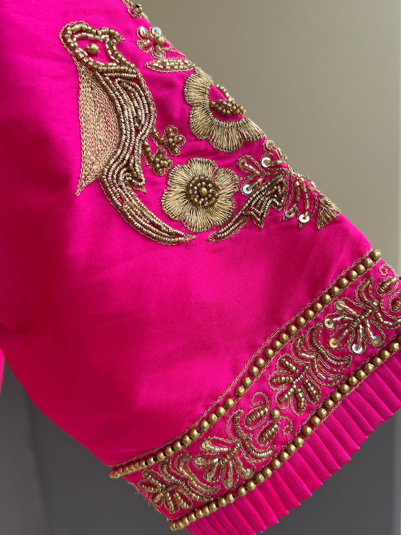 Handwork Designer Hot Pink Readymade Blouse with Gold Zari | Bird Motifs | Ready to Wear Blouses  Blouse | Stitched Blouse