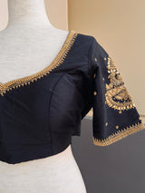 Handwork Designer Black Readymade Blouse with Gold Zari | Bird Motifs | Ready to Wear Blouses  Blouse | Stitched Blouse