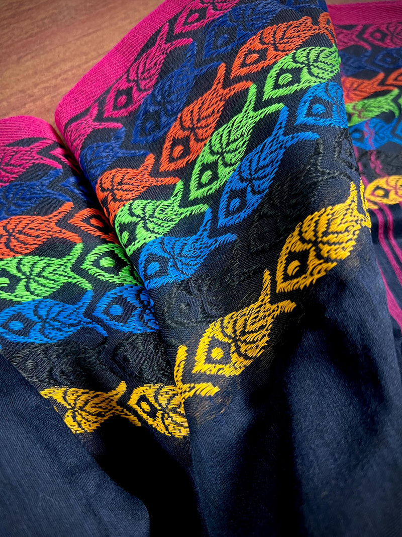 Black Khaadi Cotton with Multi Color Fish Motifs on the Borders | Authentic Handloom Saree | Bengal Sarees | Light Weight Summer Saree