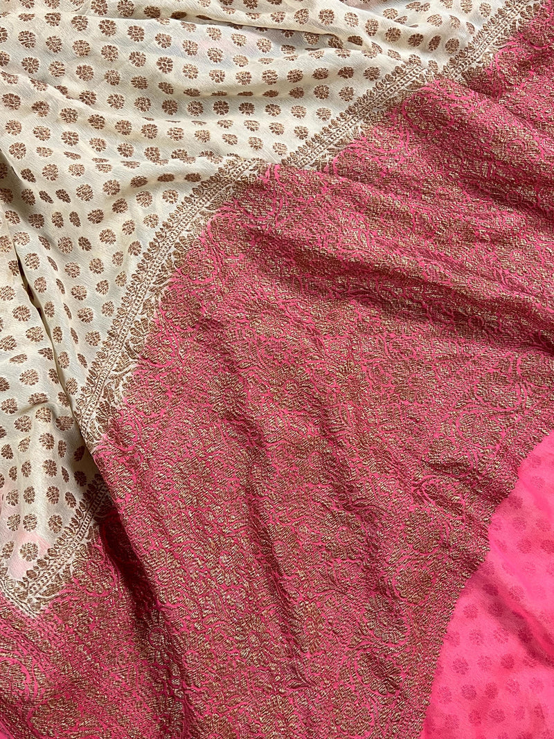 Pure Khaddi Georgette Banarasi Silk Creamy White with Strawberry Pink borders and Pallu with Antique Zari | SILK MARK CERTIFIED