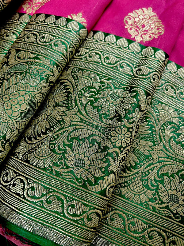 Magenta Pink with Bottle Green Traditional Banarasi Handloom Saree | Soft Silk Saree