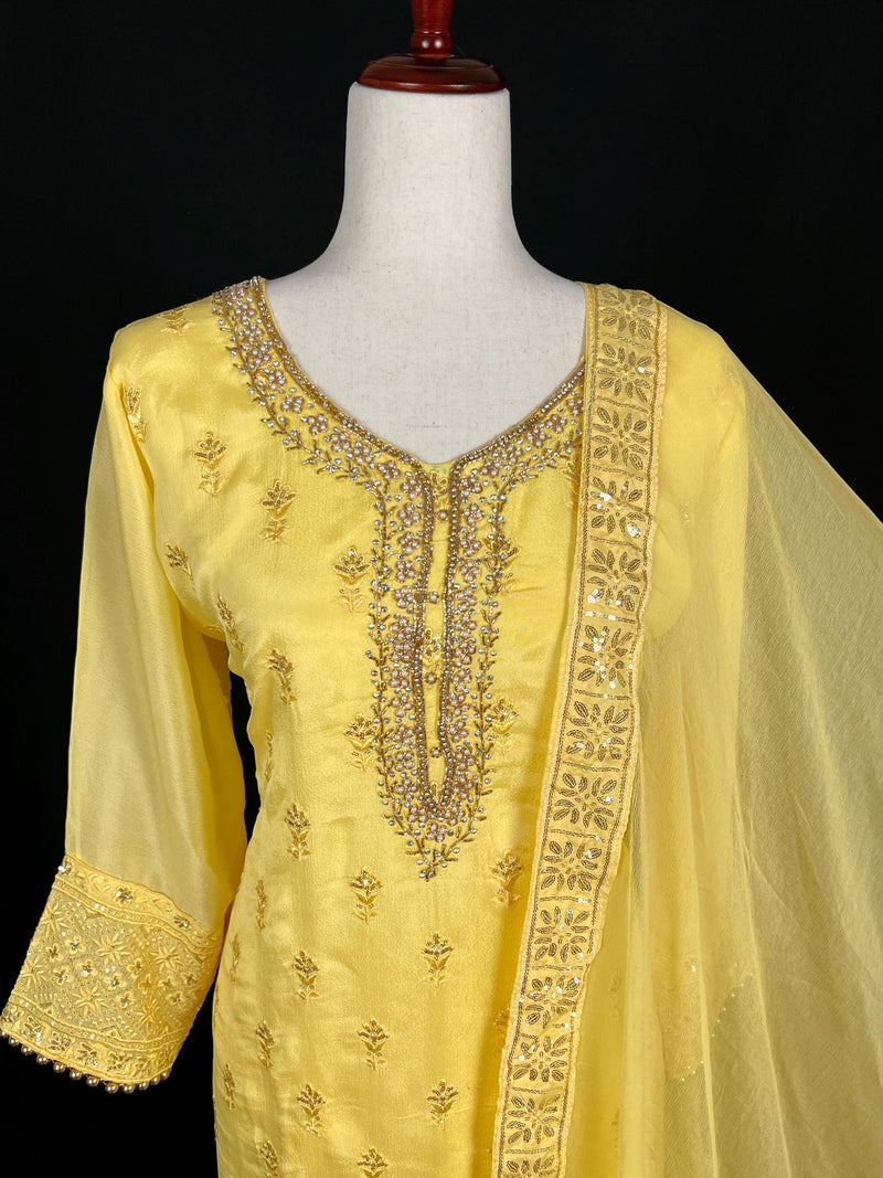 Designer Readymade Salwar Kameez in Yellow Color - 3pcs Women Salwar Kameez Set  with Handwork in Pure Chinnon Silk