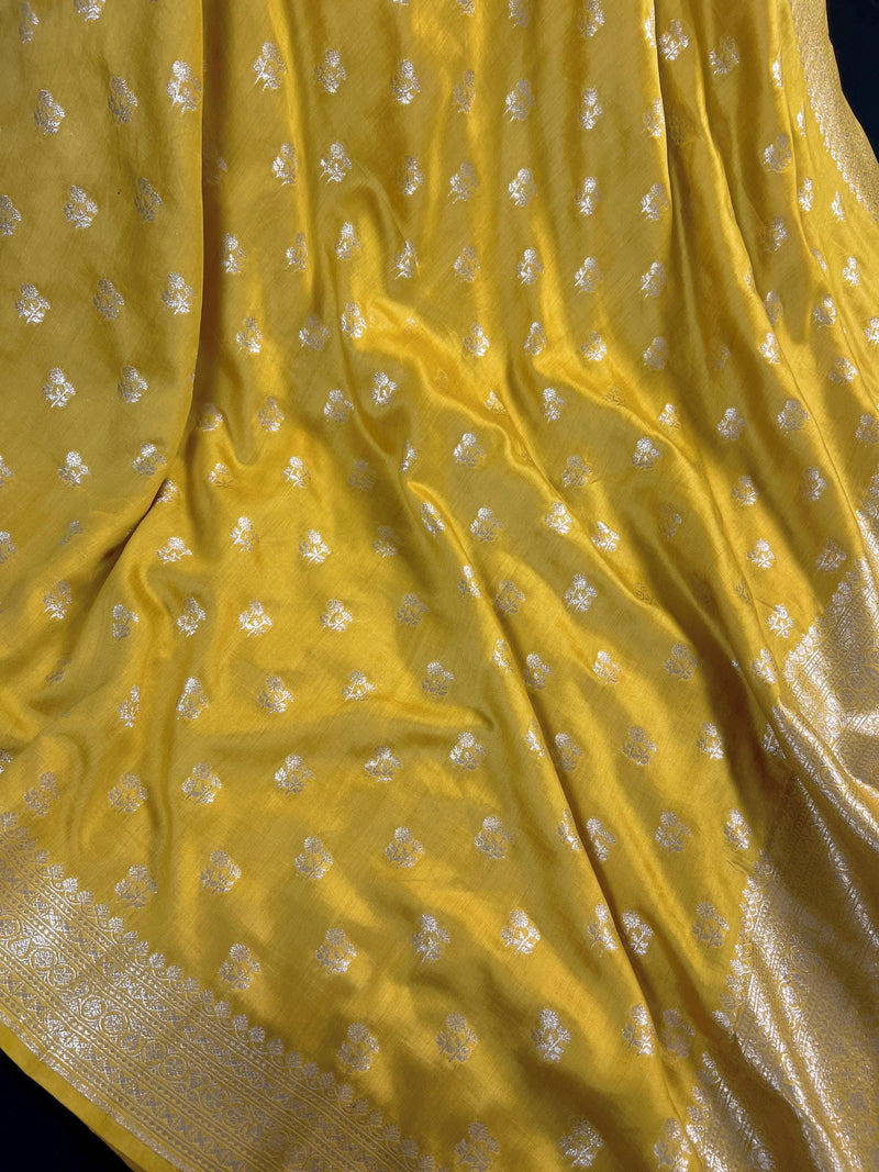 Mustard Gold Color Banarasi Handloom Cotton Silk Saree - Muted Gold Zari Weave - Banarasi Sarees