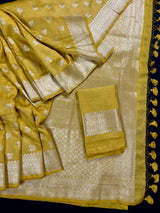 Mustard Gold Color Banarasi Handloom Cotton Silk Saree - Muted Gold Zari Weave - Banarasi Sarees