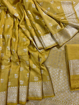 Mustard Gold Color Banarasi Handloom Cotton Silk Saree - Muted Gold Zari Weave - Banarasi Sarees