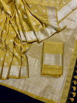 Mustard Gold Color Banarasi Handloom Cotton Silk Saree - Muted Gold Zari Weave - Banarasi Sarees