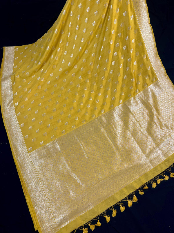 Mustard Gold Color Banarasi Handloom Cotton Silk Saree - Muted Gold Zari Weave - Banarasi Sarees