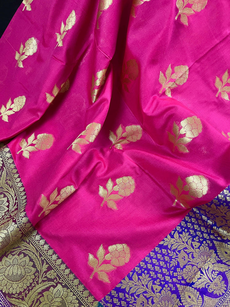 Hot Pink, Green and blue Banarasi Silk Saree Floral design with grand pallu | Zari Weave work | Kaash Collection