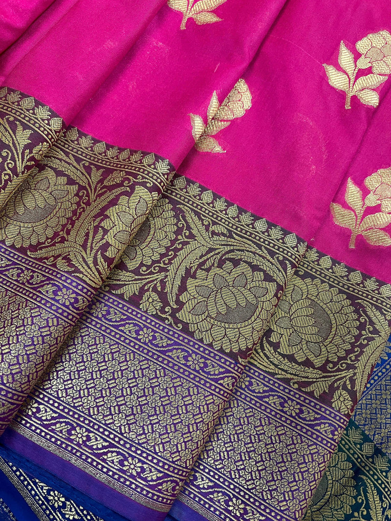 Hot Pink, Green and blue Banarasi Silk Saree Floral design with grand pallu | Zari Weave work | Kaash Collection