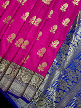 Hot Pink, Green and blue Banarasi Silk Saree Floral design with grand pallu | Zari Weave work | Kaash Collection