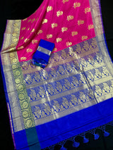 Hot Pink, Green and blue Banarasi Silk Saree Floral design with grand pallu | Zari Weave work | Kaash Collection