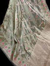 Statement Handmade English Gray Banarasi Organza Tissue Silk Saree with Meenakari and Jaal Pattern