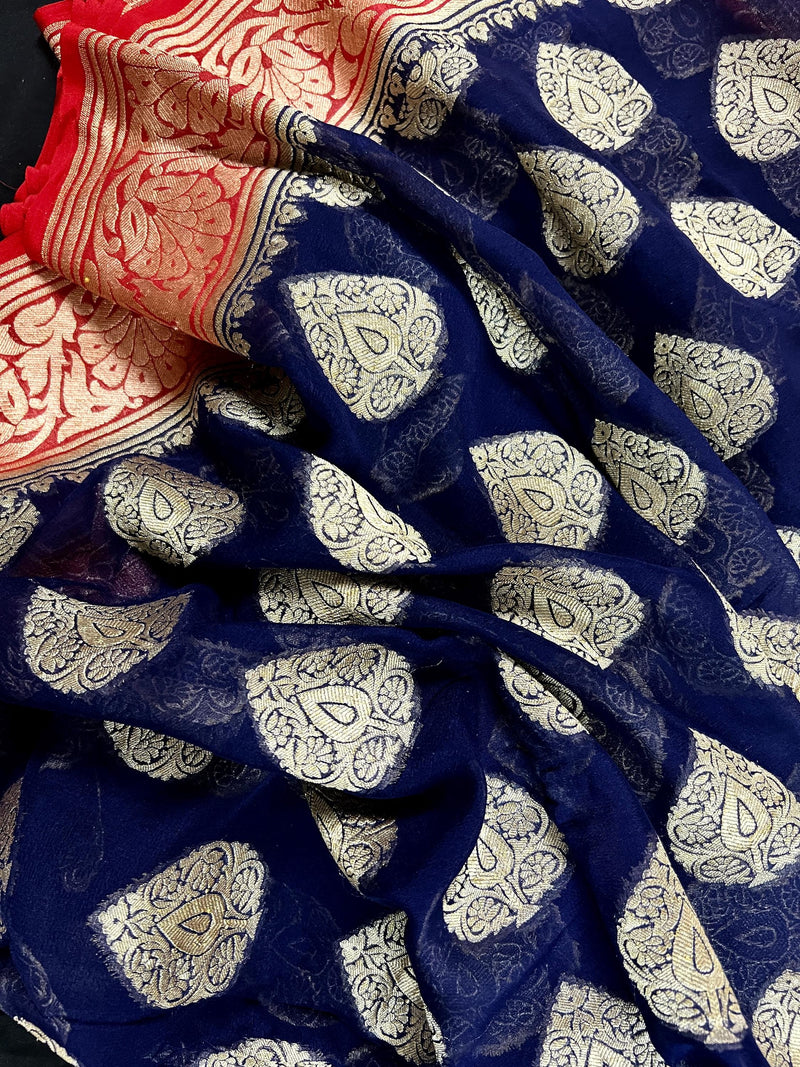 Blue Color Pure Khaddi Georgette Banarasi Silk Saree with Red Pallu and Border | SILK MARK CERTIFIED