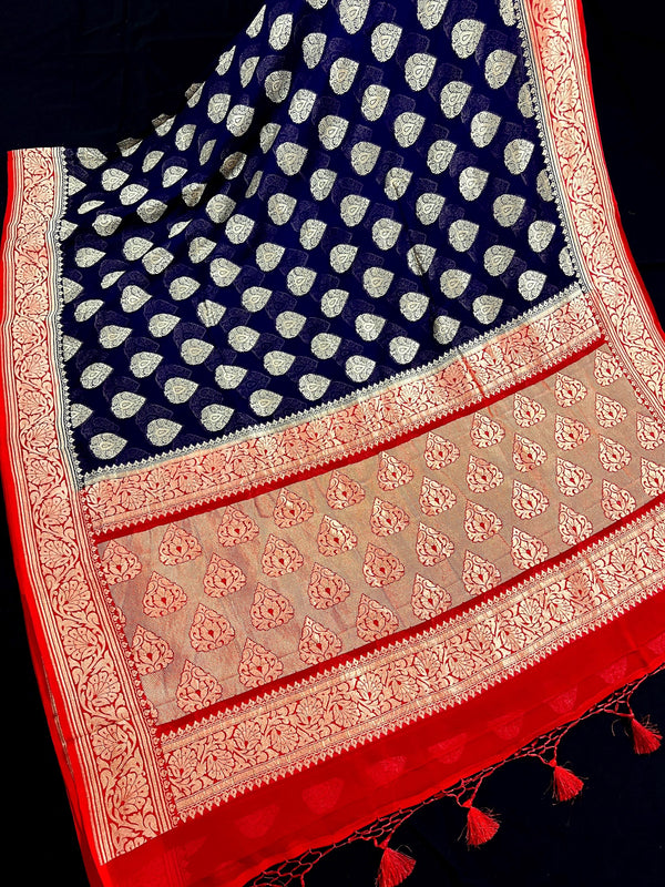 Blue Color Pure Khaddi Georgette Banarasi Silk Saree with Red Pallu and Border | SILK MARK CERTIFIED