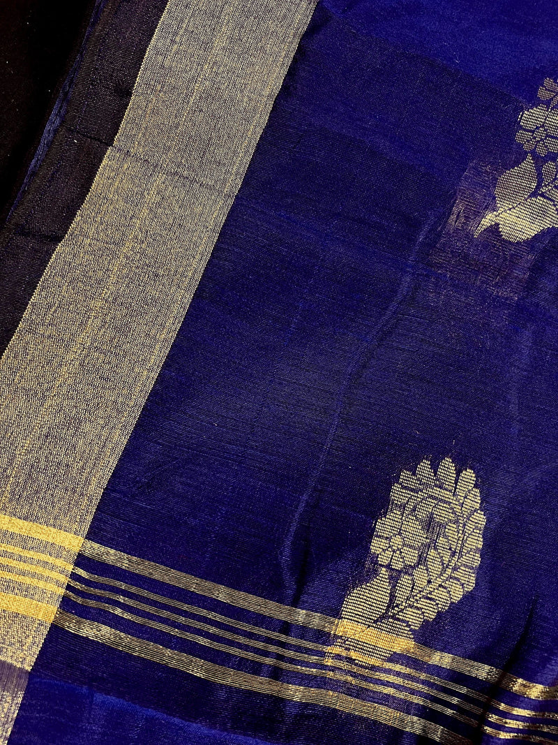 Blue Color Handloom Cotton Silk Saree with Gold Zari Flowers | Handloom Saree